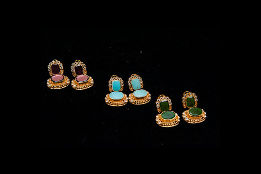 Gem Duet Trio Earrings-Kundan