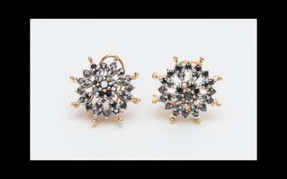 Pair of gold and black stud earrings on a white background