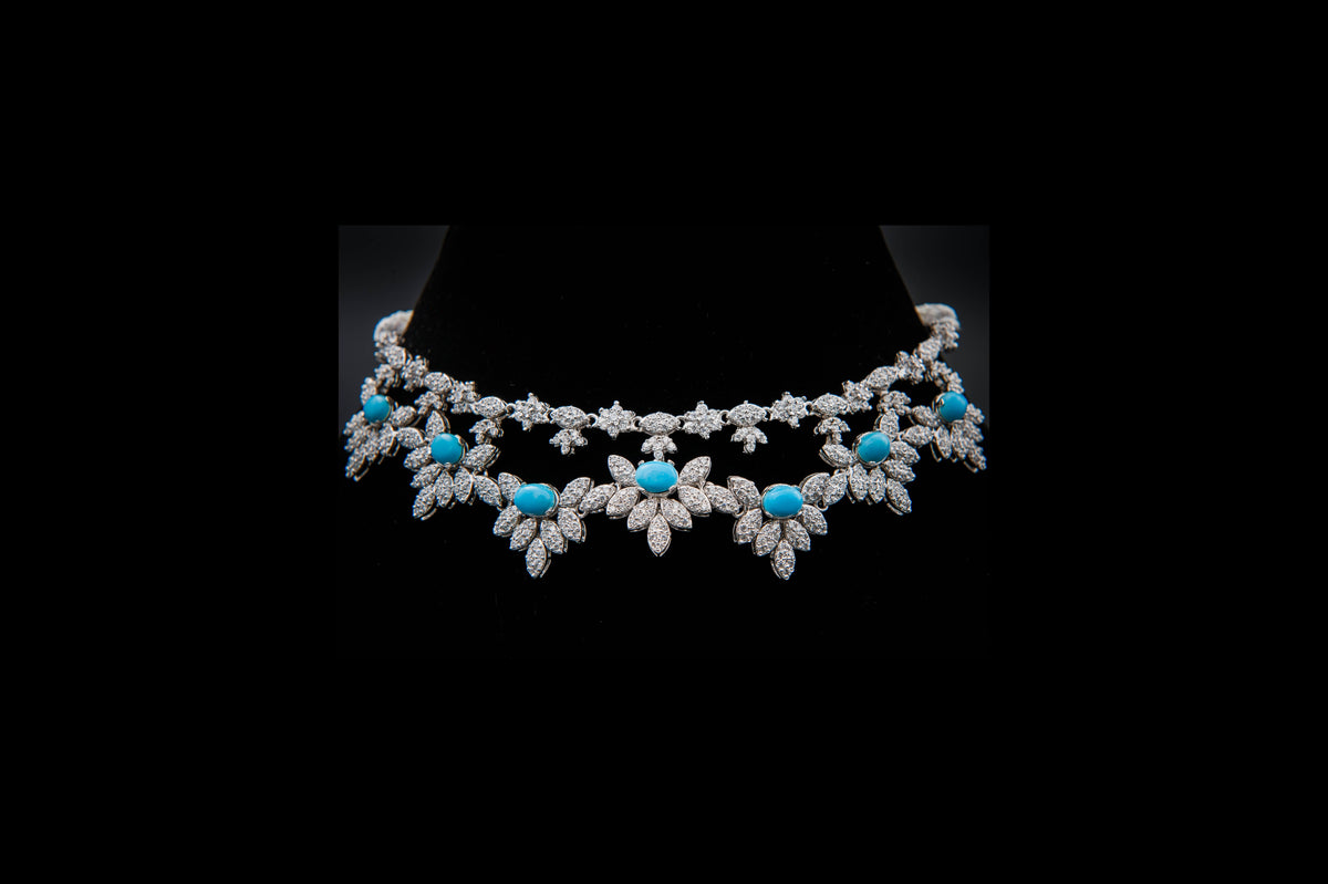 Ornate necklace with turquoise stones on a black background