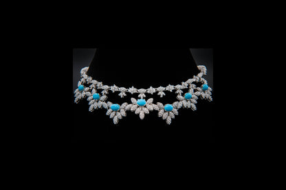 Ornate necklace with turquoise stones on a black background